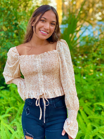 Beige Floral Ruched Off Shoulder Top