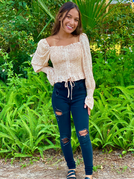 Beige Floral Ruched Off Shoulder Top